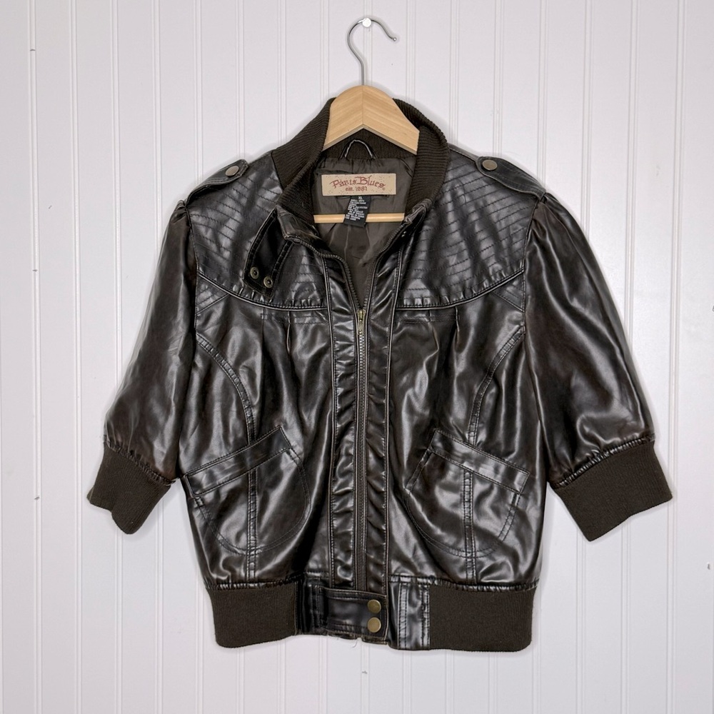 Vintage Y2K 90’s Short Sleeve Faux Leather Moto Full Zip Bomber Jacket Size XL